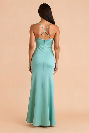 Mint Green Satin Spaghetti Straps Sheath Long Bridesmaid Dress
